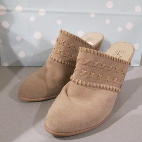 Soho Cobbler Dhyana Woven Suede Tan Clog Mules Shoes 4" Block Heel leather sz 9 - Picture 2 of 4